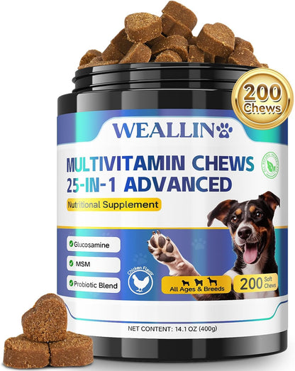 Dog Vitamins - 25-in-1 Dog Vitamins and Supplements Multivitamin with Glucosamine Probiotics Omega-3 Puppy Multivitamin Chewable for Coat, Heart, HIPS & Joints, Digestion & Immune System 200pcs