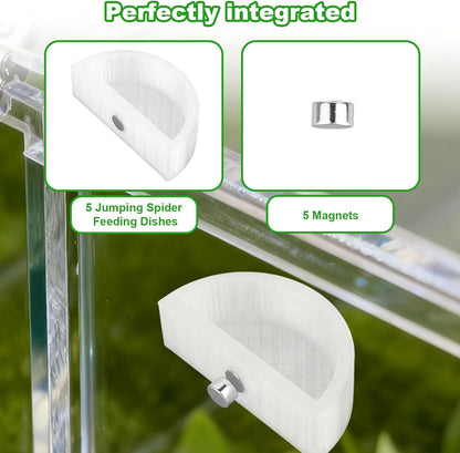 5pcs Jumping Spider Feeding Dish Kit, Magnetic Half Round Jumping Spider Food Feeder Water Bowl Dispenser Leak-Proof Enclosure Accessories Hide Decor for Tarantula Mantis Small Reptiles