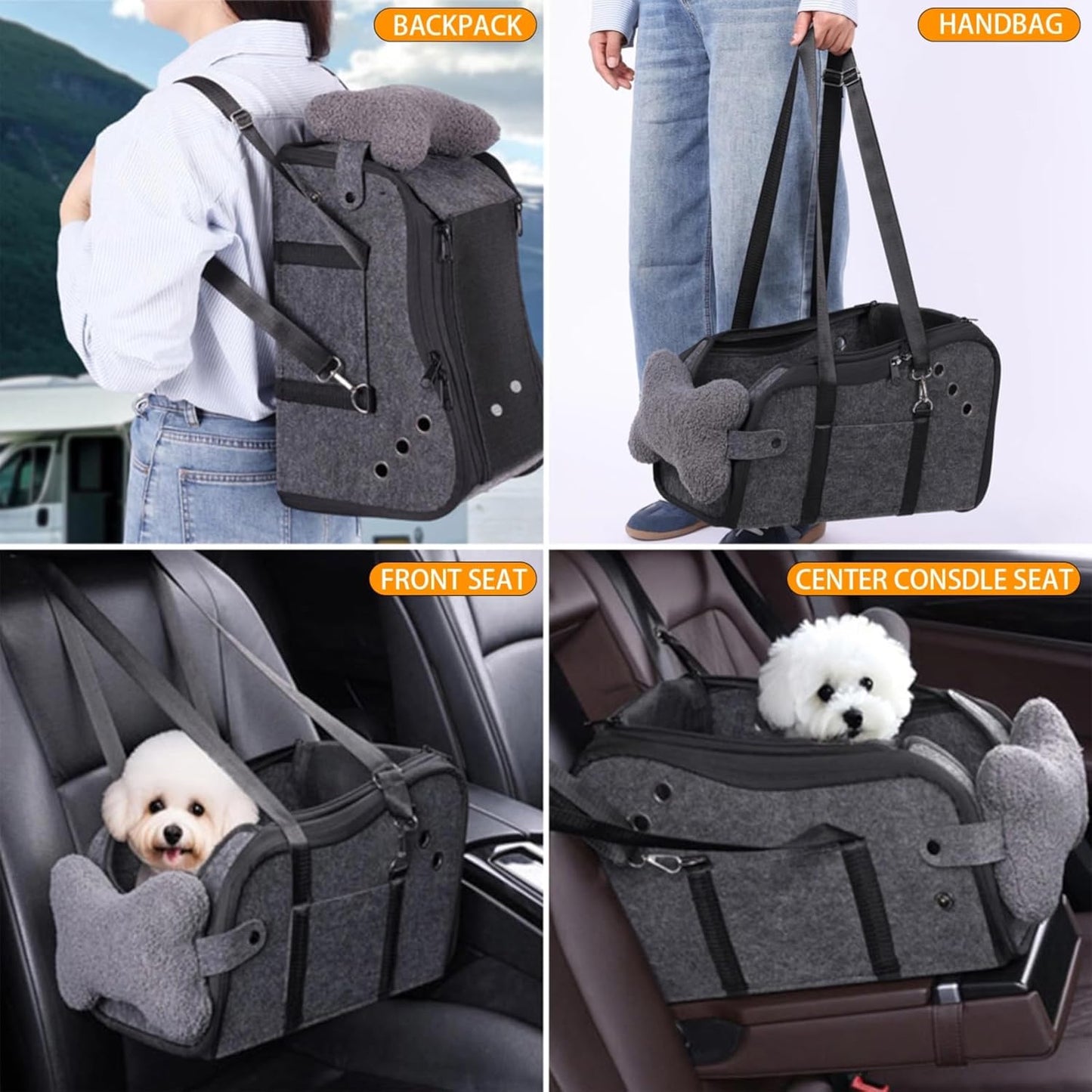 Center Console Dog Car Seat for Small Dogs 0-15 lbs, Pet Car Bed with Adjustable Safety Straps & Hook, Secure Comfortable Puppy Seat for Middle Console