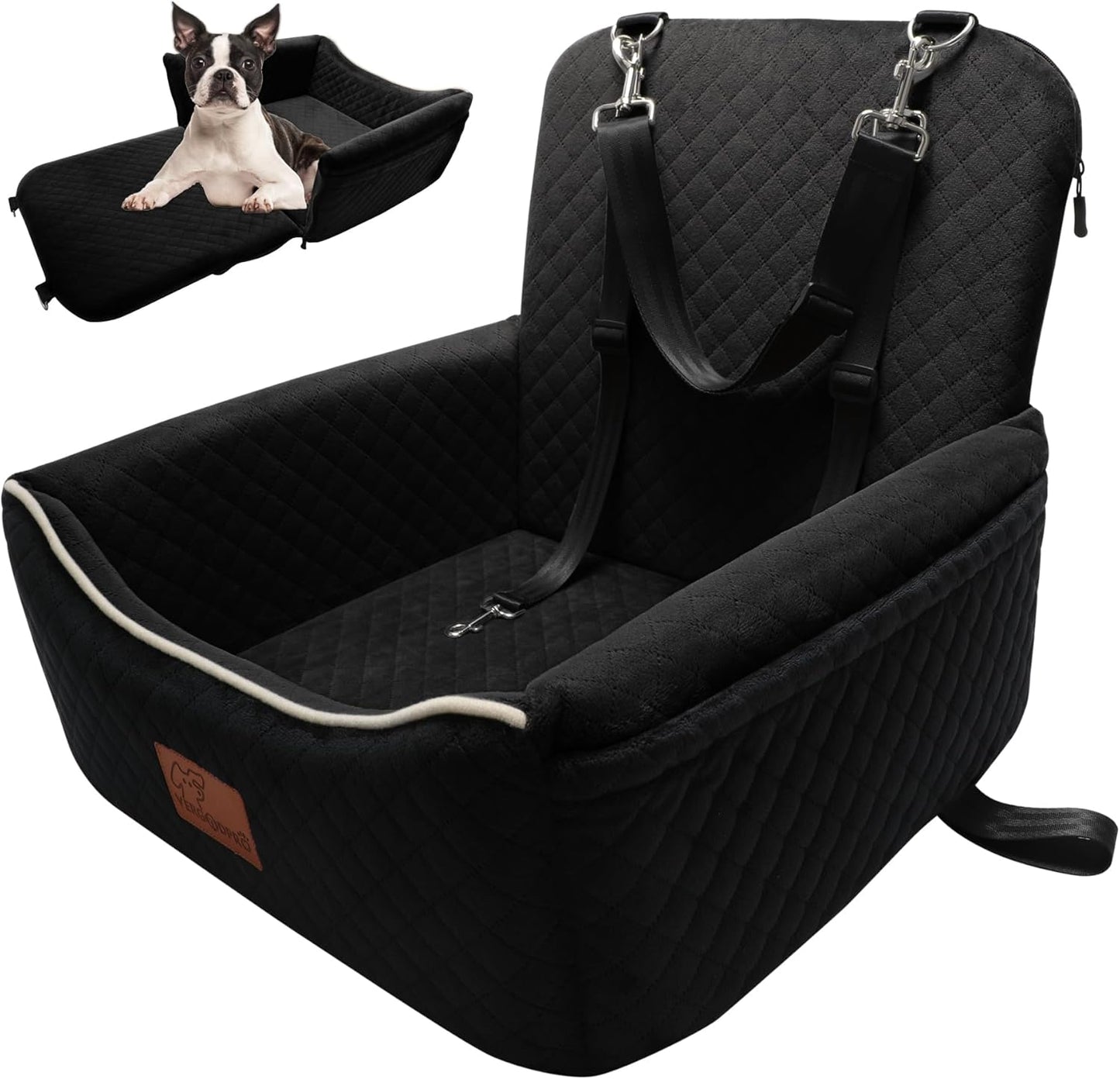 Dog Car Seat Bed 2 in 1 for Small/Medium Dogs up to 35 lbs,Adjustable Safety Leashes,Memory Foam with Soft Fabric Pets Travel Car Bed,Easily Installed in Front and Back seat,Removable and Washable.