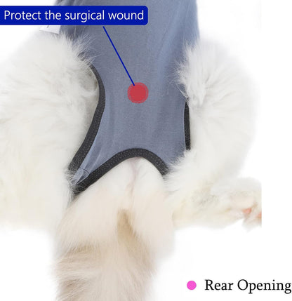 Cat Surgery Recovery Suit Cat Onesie for Cats After Surgery Spay Surgical Abdominal Wound Skin Diseases E-Collar Alternative Wear (Grey-Blue-M)
