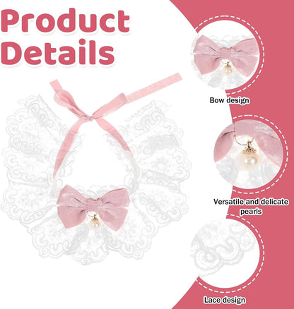 Breakaway Cat Bow Collar, Floral Cute Kitten Collar, Adjustable Safety Ties with Pearl Bell, Elegant Lace Necklace for Indoor Girl Cats, Dogs, Pets (Pink)