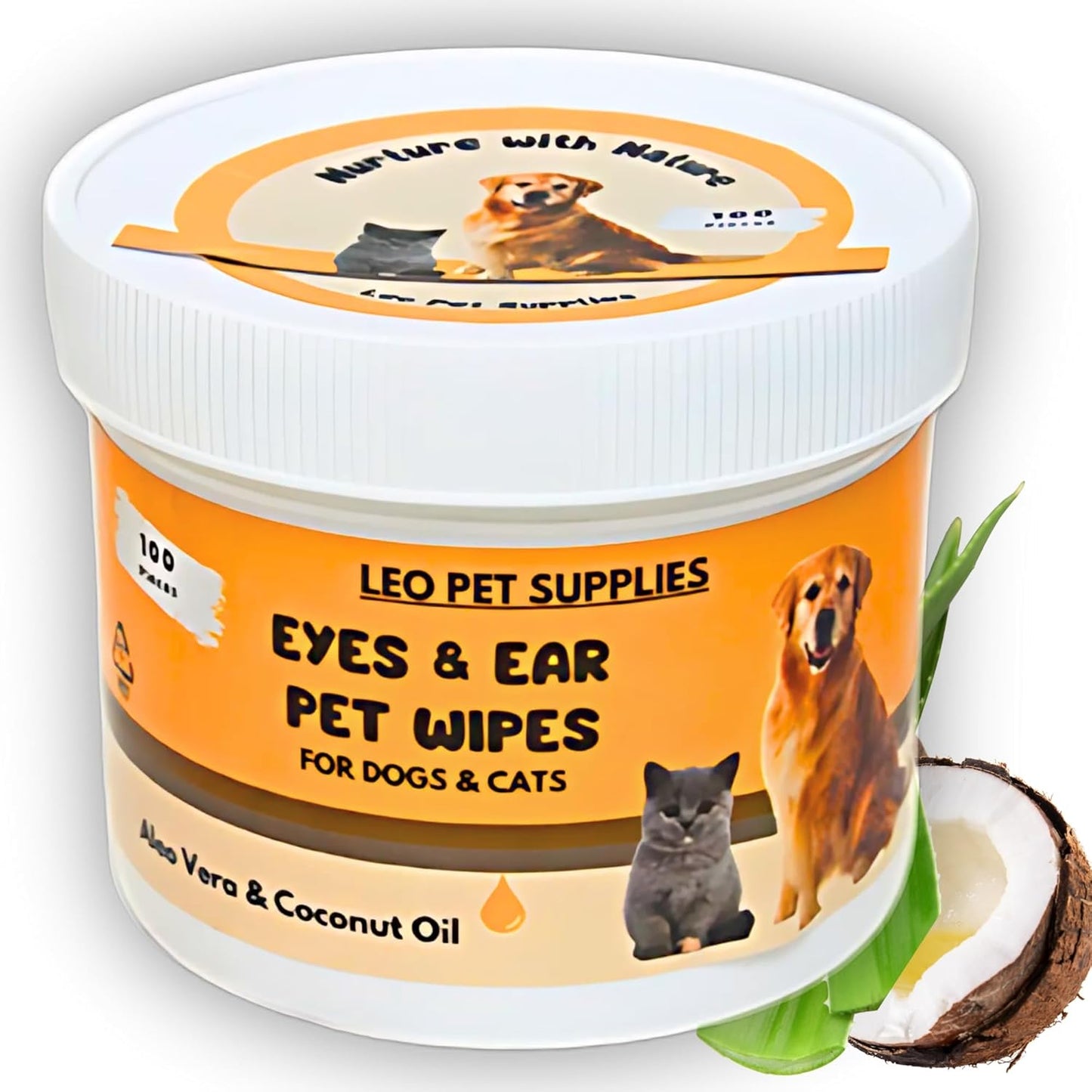 Eye & Ear Wipes for Pets - (100 Count) - Cleanser for Dogs and Cats, Non-Irritating Ingredients; Aloe Essence and Coconut Oil, Specially formulated, Everyday use, Unscented