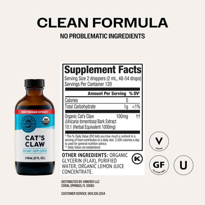 Vimergy Organic Cat’s Claw Liquid – Provides Antioxidant Support* – Benefits The Immune System* – Organic, Vegan, Gluten-Free, Non-GMO 120 Servings (240 ml)