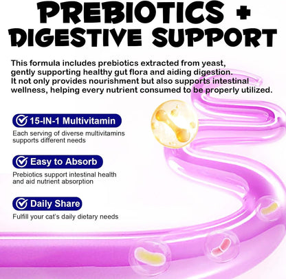 Cat Multivitamin Treats, 15-in-1 Cat Chews for Health, Immune, Digestive, Skin & Coat - Chicken Flavor Soft-Crunchy Bites with Taurine, Omega Fatty Acids, Prebiotics & Vitamins (3.7 oz)