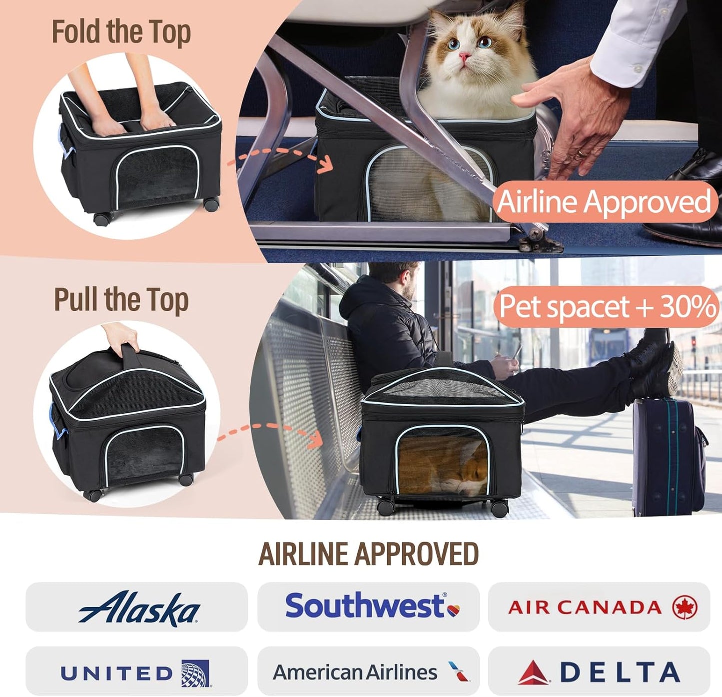 4-in-1 Cat Car Seat and Cat Carrier with Removable Wheels Booster Car Seats for Small Dogs Cats Comes with Shoulder Strap Clip-On Safety Leash and Thickened Pads, Pet Travel Carrier Bed up to 15lbs