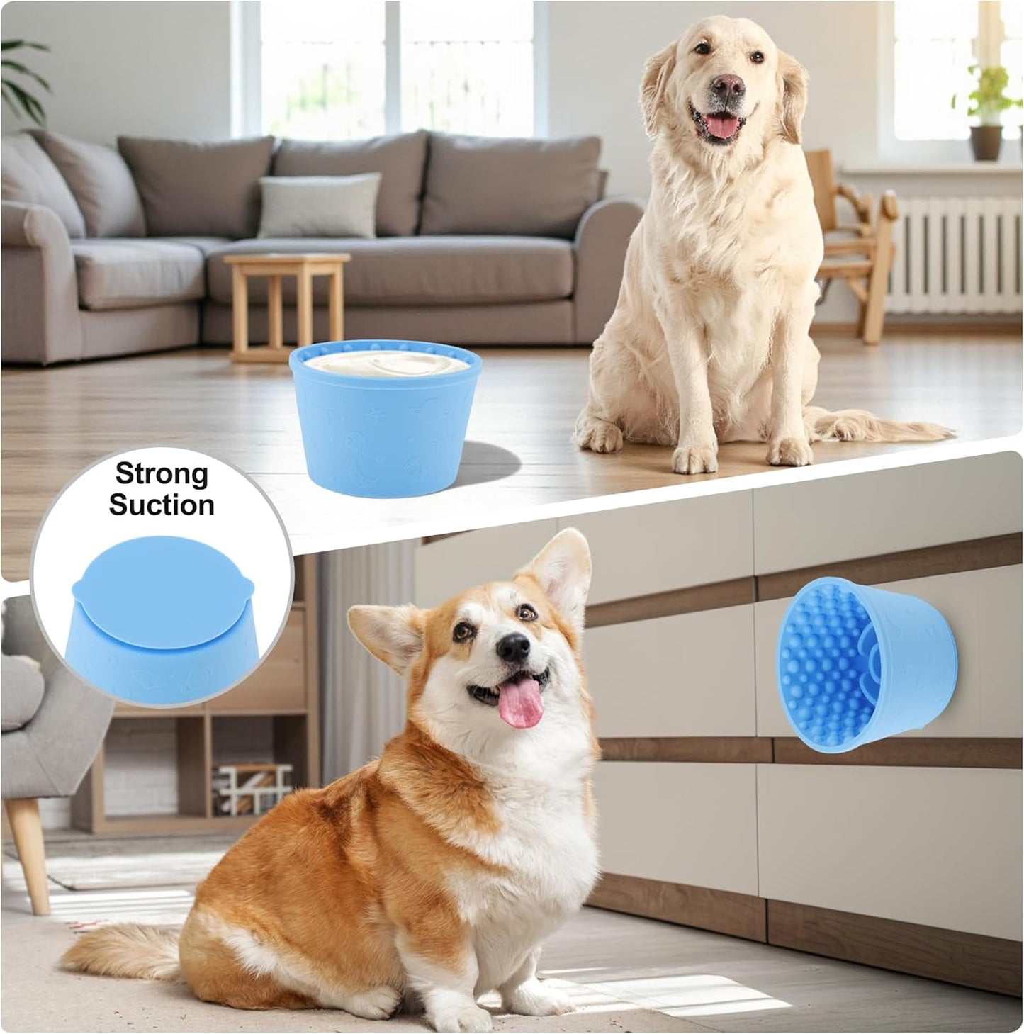 Slow Feeder Dog Bowls, Silicone Dog Lick Bowl with Brush & Scraper, Non-Slip Base Slow Feeder for Anxiety Alleviating & Oral Health, Lake Blue