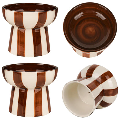 Raised Cat Bowl - Brown Striped Elevated Ceramic Food and Water Dish, Wide Shallow Design for Whisker Fatigue Relief, Dishwasher Safe