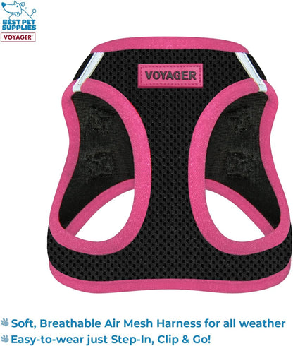 Voyager Step-in Air All Weather Mesh Harness & Reflective Dog 5 ft Leash Combo, Neoprene Handle for Small, Medium, Large Breed Puppies by Best Pet Supplies - Leash Harness (Black/Pink Trim), L