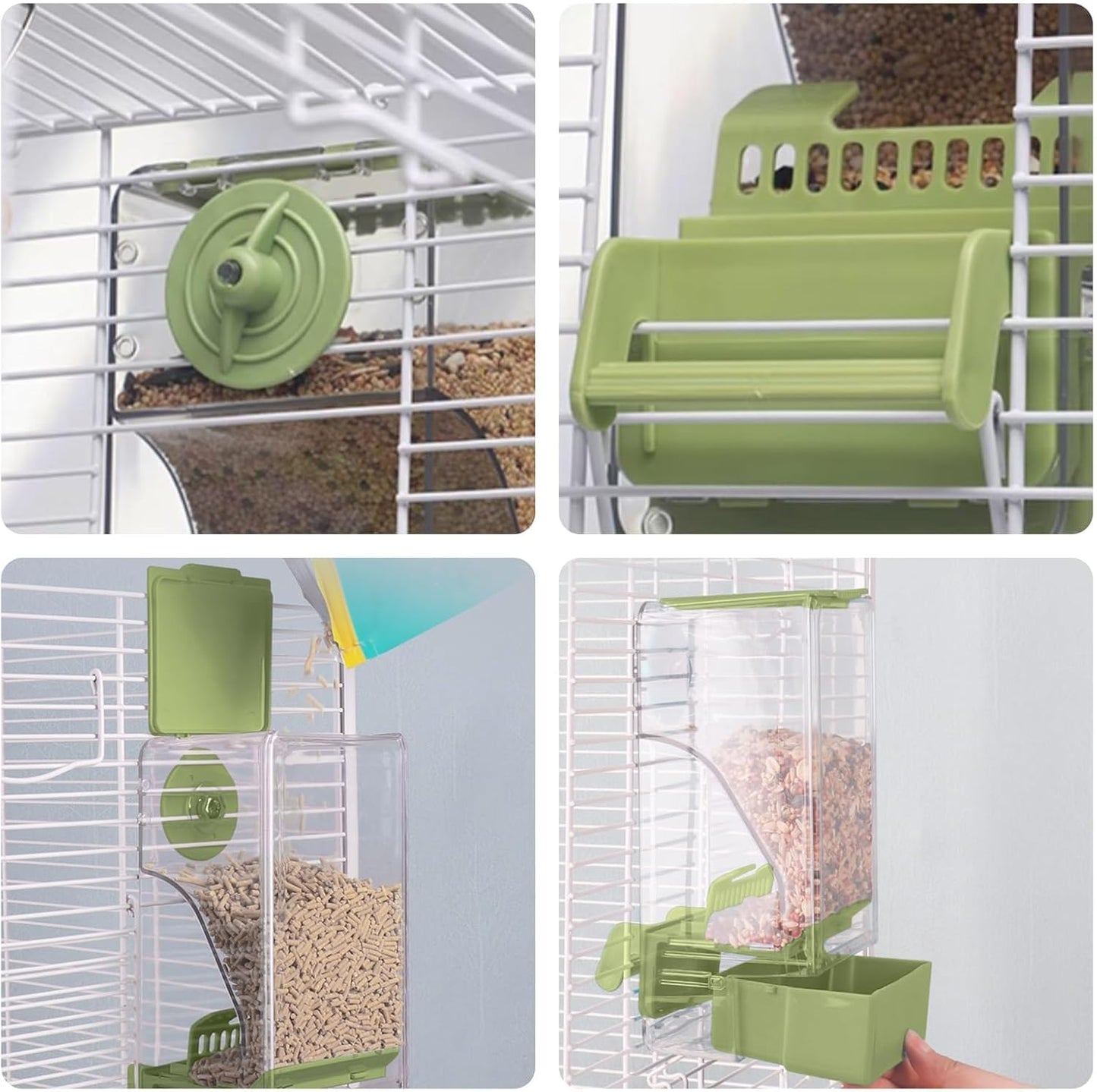 Bird Feeder Water Dispenser Set, Automatic Cage Feeder with Perch for Seed Parakeet Canary Cockatiel Finch Budgies Cage Accessories (Green)