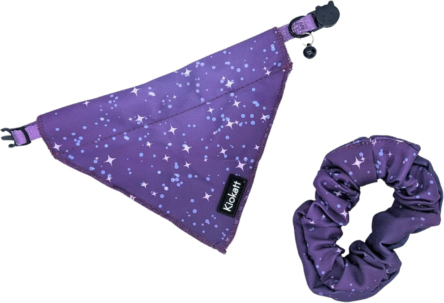 Breakaway Cat Collar with Removable Bandana – Purple Galaxy Stars – Adjustable 7.5–11" Safety Collar + Matching Scrunchie for Pet Parent – KioKatt Pawsome Pair