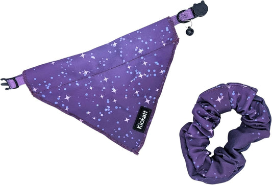 Breakaway Cat Collar with Removable Bandana – Purple Galaxy Stars – Adjustable 7.5–11" Safety Collar + Matching Scrunchie for Pet Parent – KioKatt Pawsome Pair