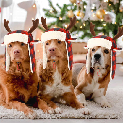 2 Pcs Christmas Antler Check Dog Santa Hat Adjustable Pet Red Plaid Pet Cap Xmas Antler Dog Hats for Small Medium Large Dogs(L)
