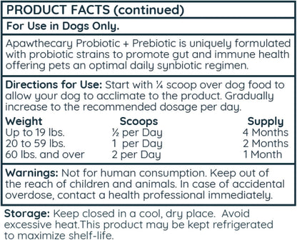 Apawthecary Probiotic and Prebiotic Supplement for Dogs, 5 Billion CFU, 7 Strains, Gut Health Support, 3.8 oz Powder with Pumpkin and Carrot