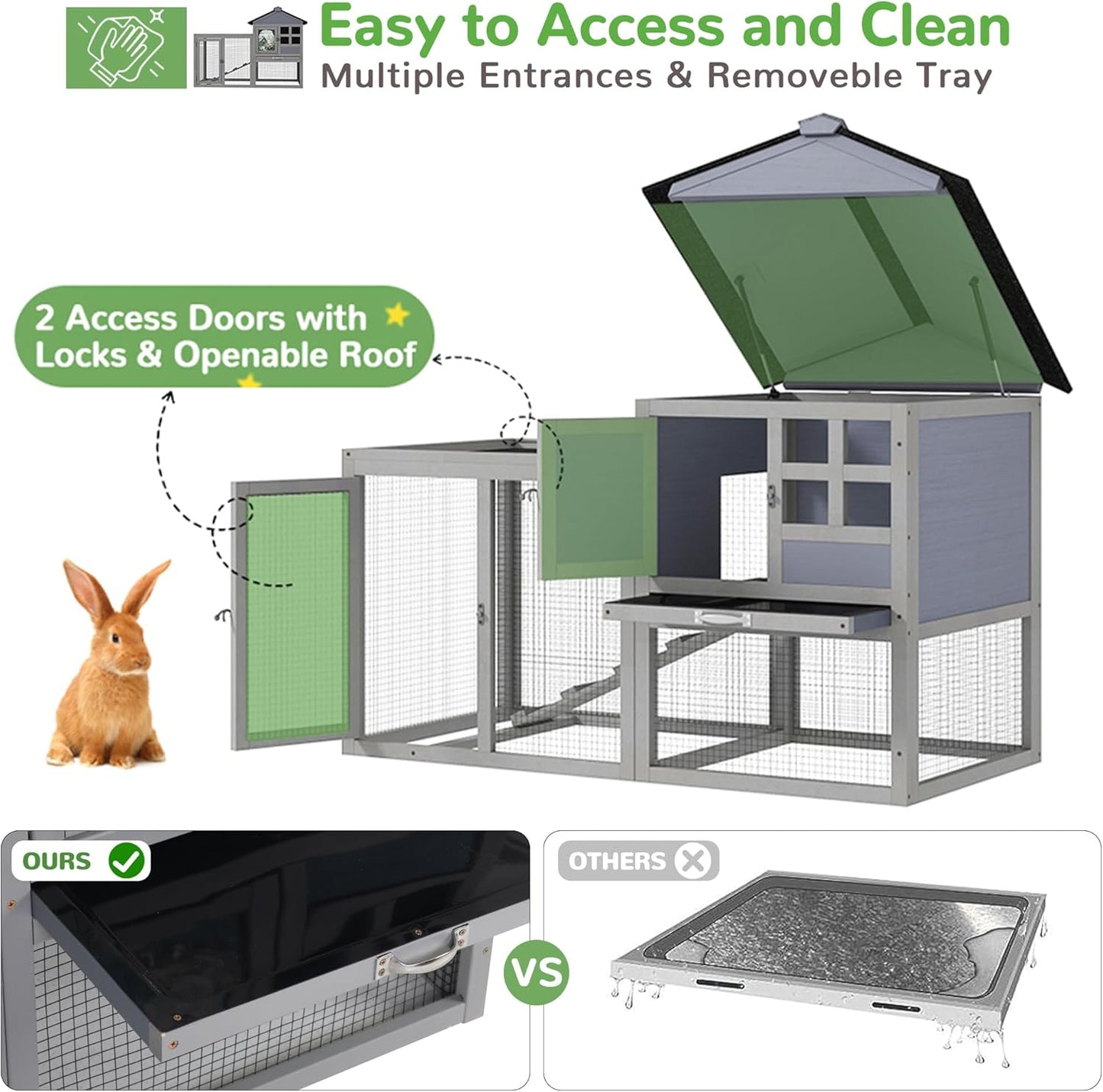 48" L Large Rabbit Hutch Outdoor Indoor, Expandable 2-Story Wooden Bunny Cage with Run, Removale Tray, 3 Entrances, Grey + Colorful Pattern