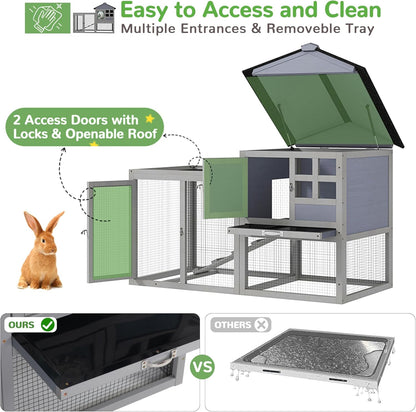 48" L Large Rabbit Hutch Outdoor Indoor, Expandable 2-Story Wooden Bunny Cage with Run, Removale Tray, 3 Entrances, Grey + Colorful Pattern