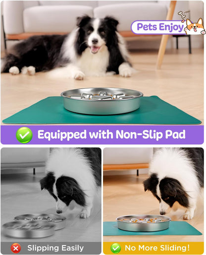 Slow Feeder Dog Bowls with Non-Slip Mat, Stainless Steel Metal Slow Feeder for Small & Medium Dogs, 2 Cups Pet Bowl for Fast Eaters, Slows Down Eating, Dishwasher Safe, Anti-Gulping Dog Bowl