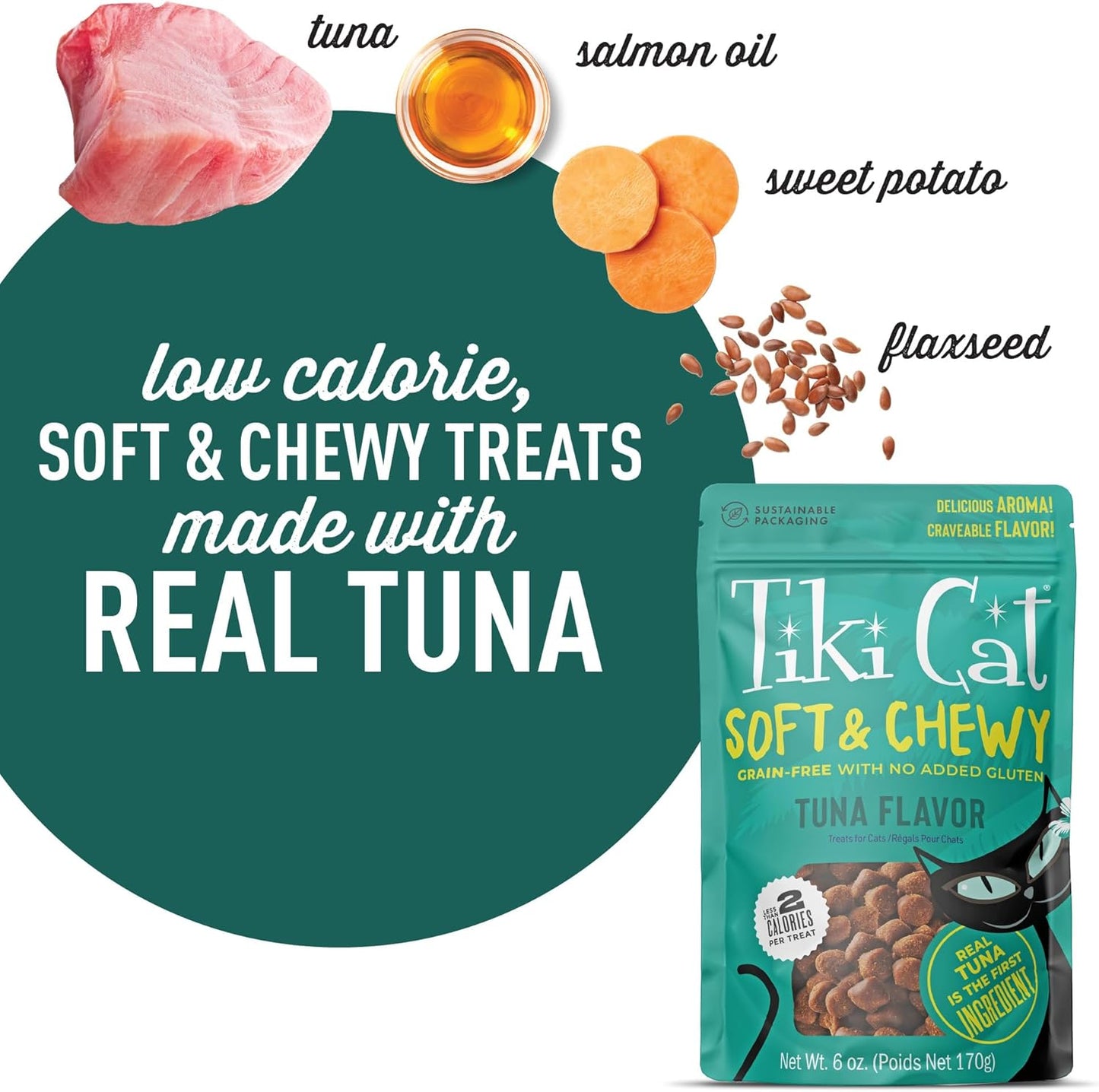 Tiki Cat Soft & Chewy Treats, Tuna Flavor, 3 Calories Per Treat with Grain-Free and No Added Gluten, 6 oz Pouch (Pack of 1)
