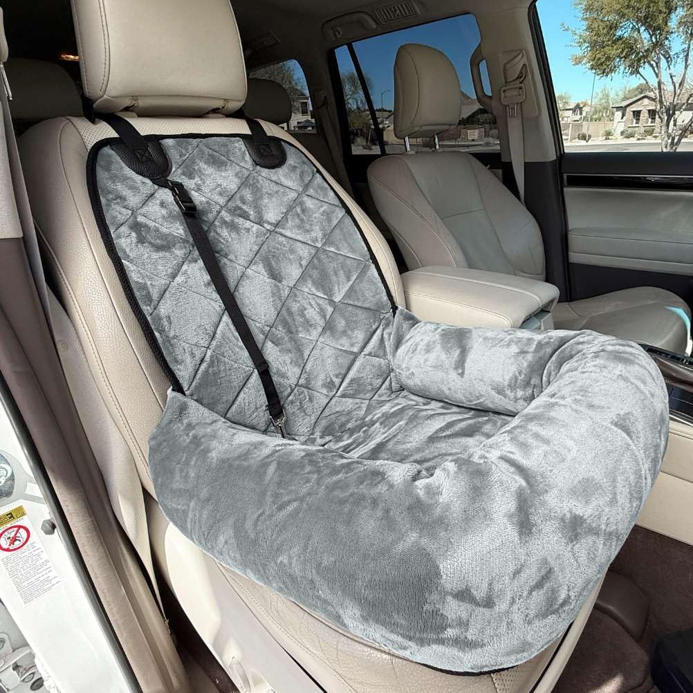 4Knines Dog Car Seat – Plush Travel Bed for SUVs, Trucks & Sedans – Comfortable, Supportive & Secure Ride for Small and Medium Dogs – Washable, Non-Slip Bottom, UV-Resistant Straps & Clips - Grey