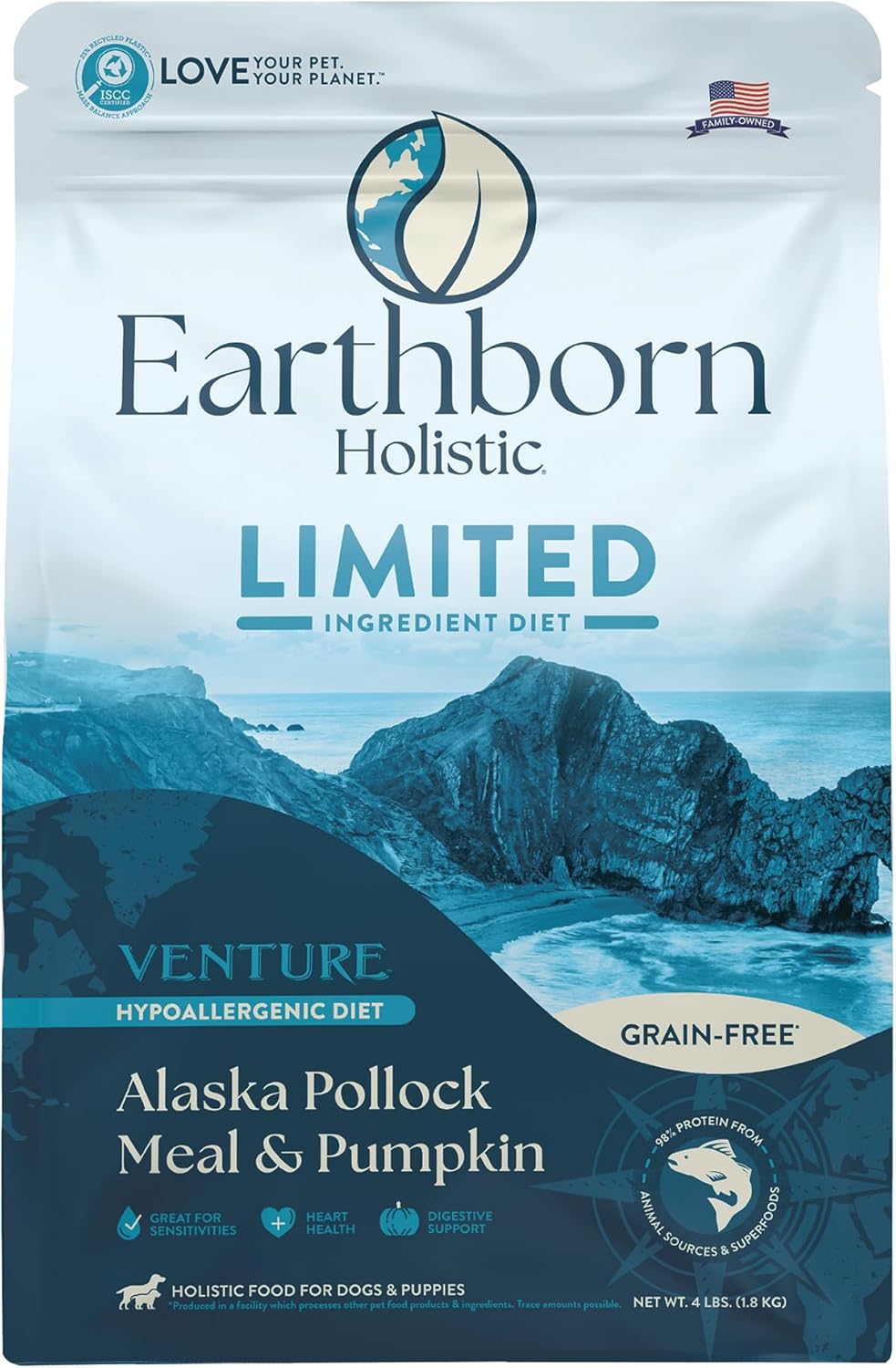 Earthborn Holistic Venture Alaska Pollock Meal & Pumpkin Limited Ingredient Diet Grain-Free Dry Food for Dogs & Puppies (4 lb. Bag)