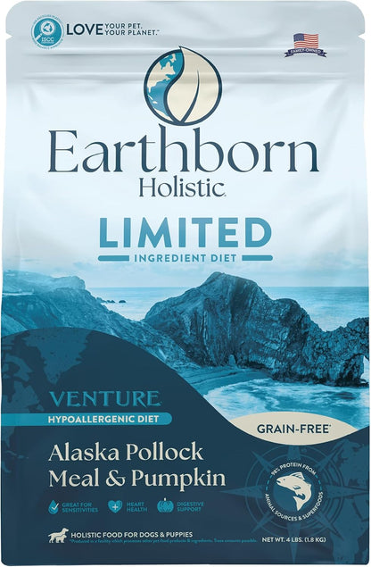 Earthborn Holistic Venture Alaska Pollock Meal & Pumpkin Limited Ingredient Diet Grain-Free Dry Food for Dogs & Puppies (4 lb. Bag)