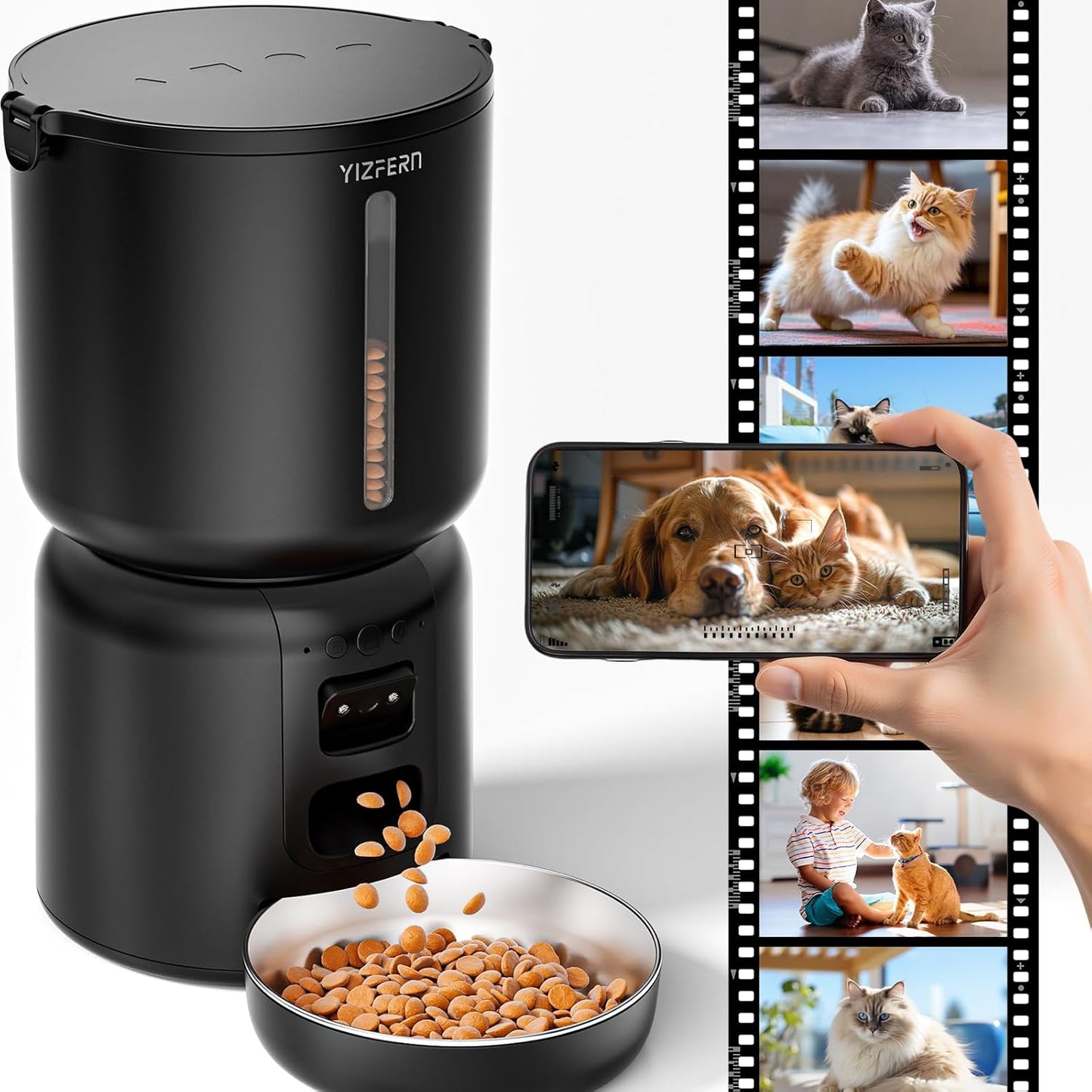 Automatic Cat Feeder with Camera, 4L Automatic Pet Feeder, Dual Power Supply, Programmable Cat Food Dispenser with 2MP Night Vision & Two-Way Audio for Cats and Small Dogs, Black