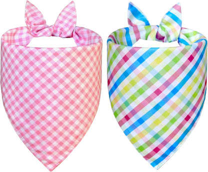Easter Dog Bandanas 2 Pack - Reversible Bunny & Carrot Pastel Plaid Scarf for Large to X-Large Dogs, Pink & Blue Costume Accessories for Spring Gift