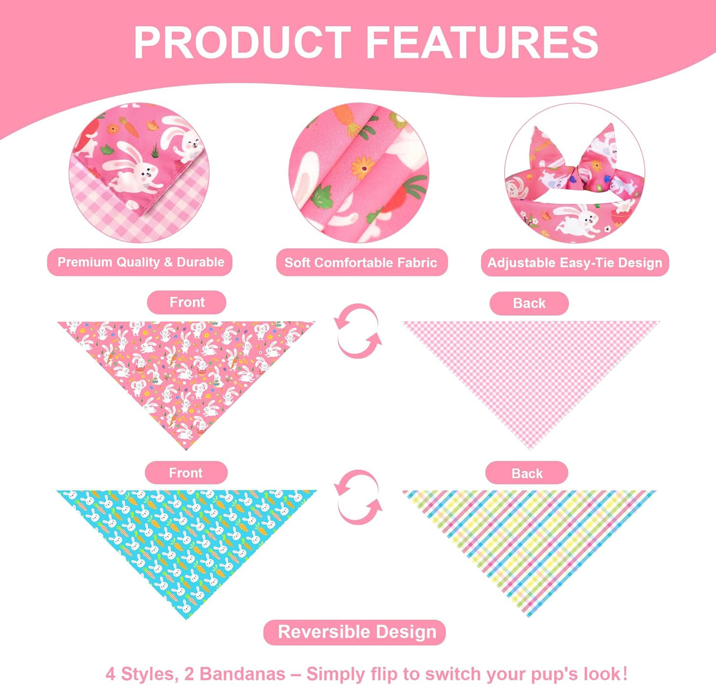 Easter Dog Bandanas 2 Pack - Reversible Bunny & Carrot Pastel Plaid Scarf for Large to X-Large Dogs, Pink & Blue Costume Accessories for Spring Gift