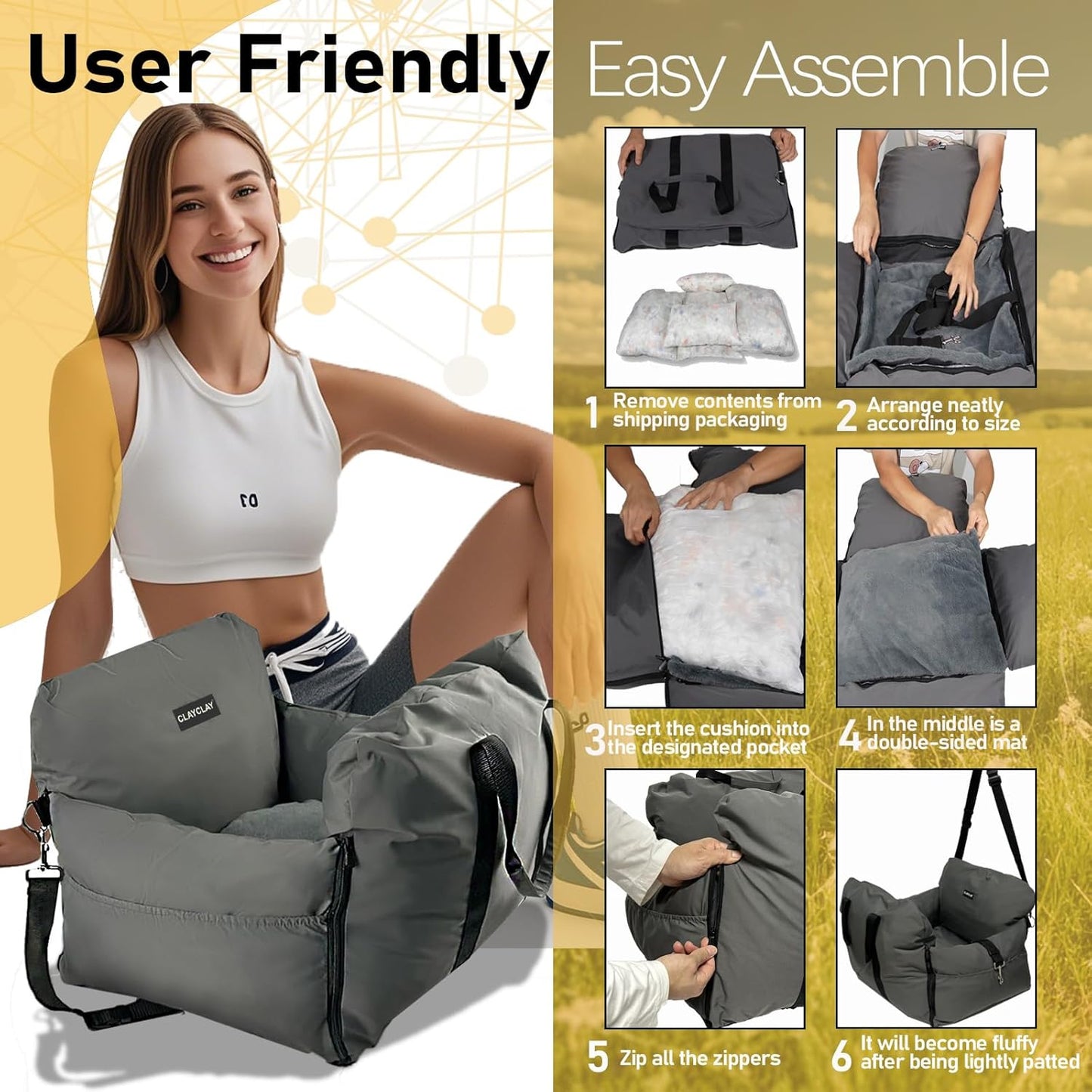 Dog Car Seat for Small Dogs - Soft Booster Seat with Safety Strap, Waterproof & Washable Pet Travel Carrier Bed, Portable Puppy Carseat with Storage for Car Travel Comfort