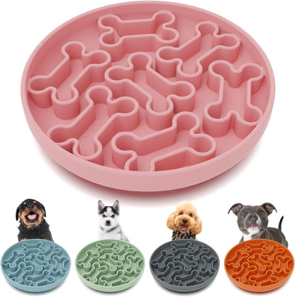 Silicone Slow Feeder Dog Bowl – Pink Bone Pattern | Food-Grade Non-Slip Dog Dish for Anti-Bloat, Fast Eating Prevention, 7.5” x 1.5”, Dishwasher Safe