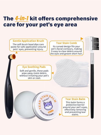 Eye Lube Plus Tear Stain Remover for Dogs and Cats – Upgraded 4 in 1 Eye Cleaning Care Set [New & Improved] with Balm, Comb, Brush & Cotton Pads – Gently Helps Clean & Reduce Stains