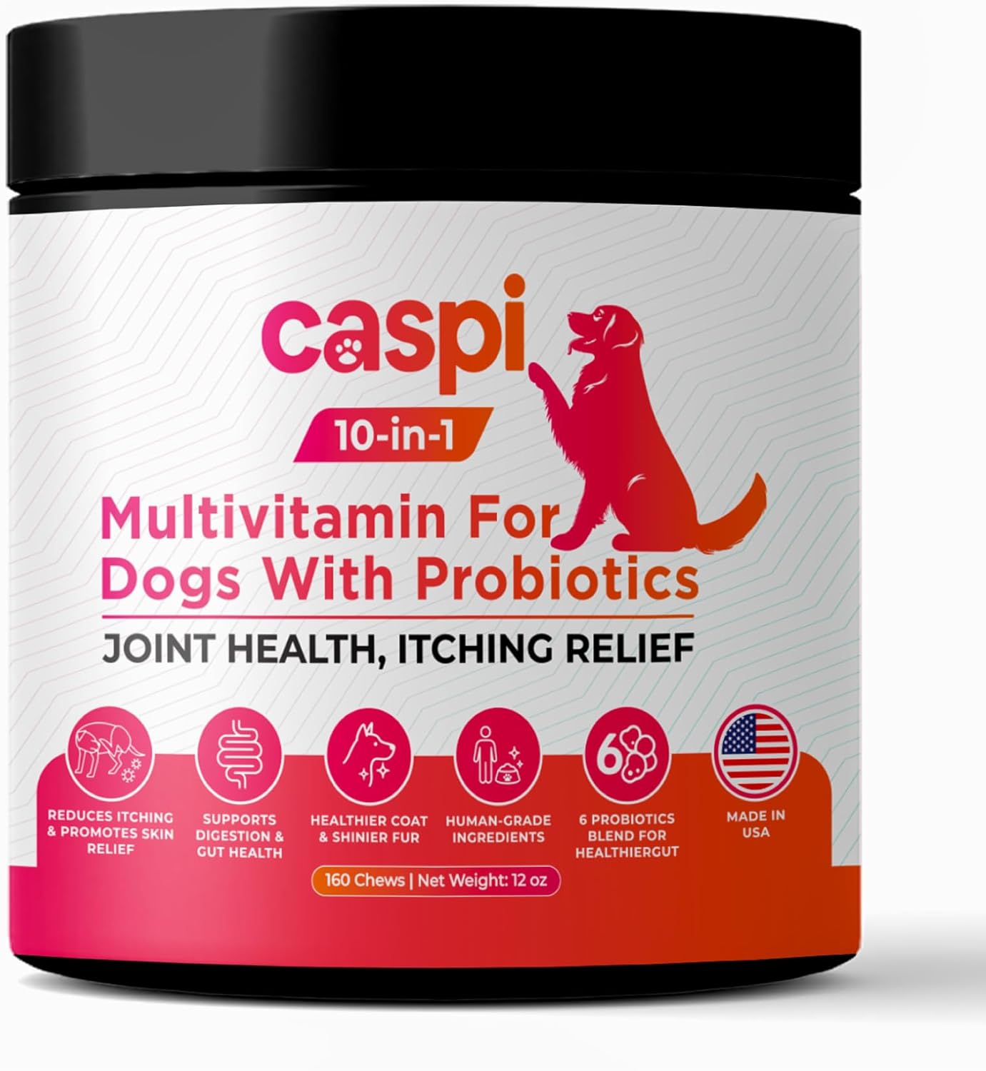 Caspi 10-in-1 Dog Multivitamin with Probiotics – Joint Health, Itching & Skin Relief, Omega-3 Salmon Oil, Glucosamine, Vitamins & Minerals – Daily Chew Supplement for Dogs – 160 Soft Chews