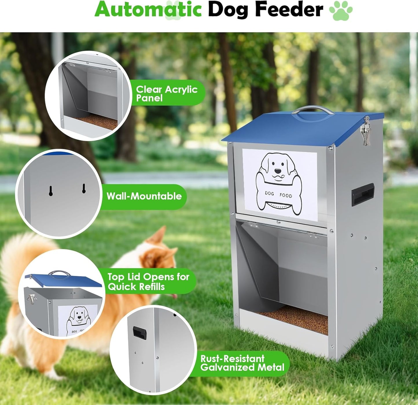 Galvanized Automatic Dog Feeder,Automatic Gravity-Fed Dog Feeder for Indoor & Outdoor Use,25LBS Capacity Food Dispenser for Small, Medium, and Large Breeds