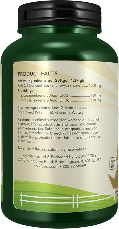 NOW Pet Health, Omega 3 Supplement, Formulated for Cats & Dogs, NASC Certified, 180 Softgels