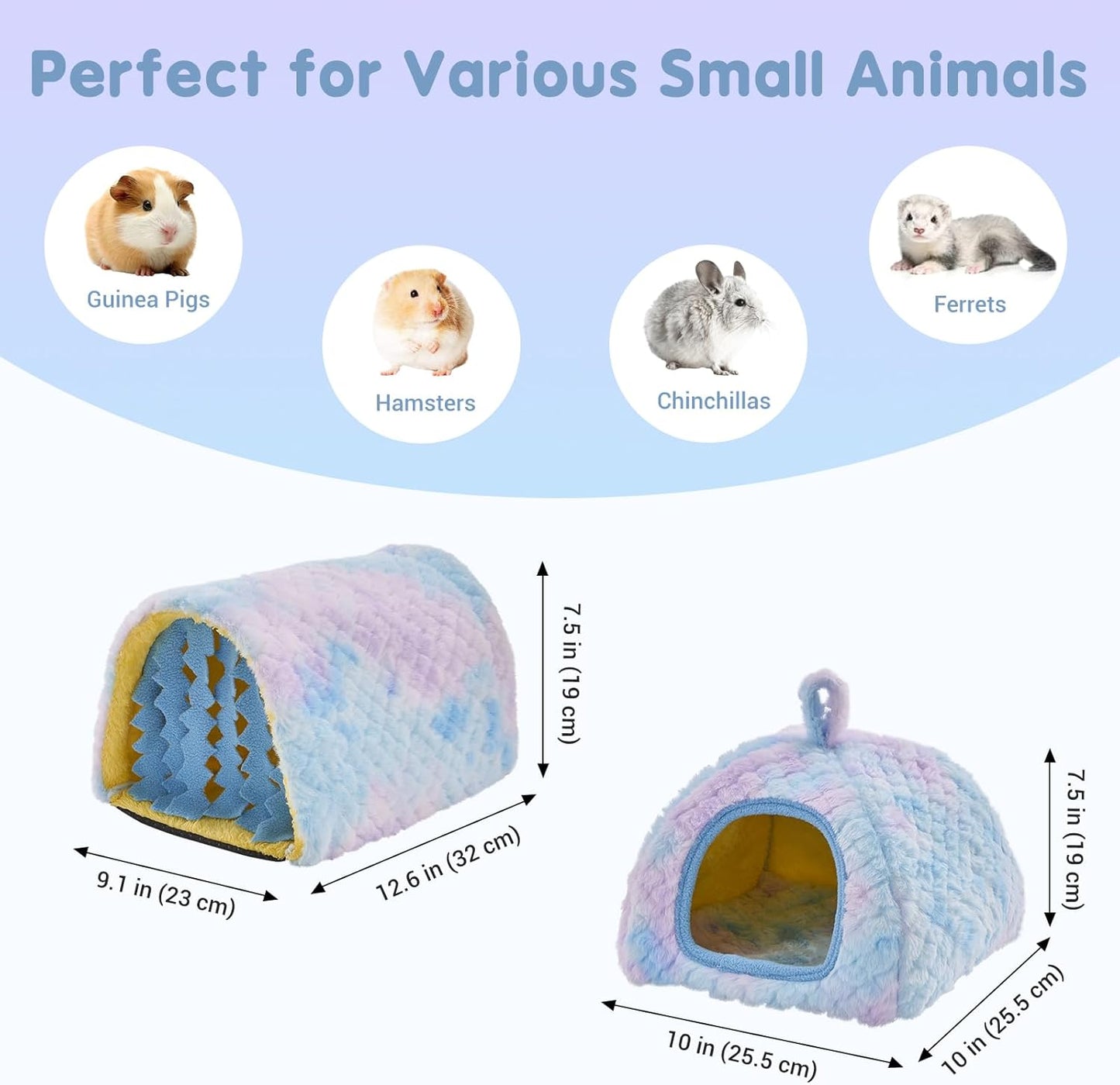 Avont 2 Pack Guinea Pig Hideout Bed and Tunnel Toys Set with Curtain, Washable Soft Plush Bunny Hideaway House Tube Cage Accessories for Small Animal Pet, Rabbits Chinchilla Hamster Ferret Rat -Blue