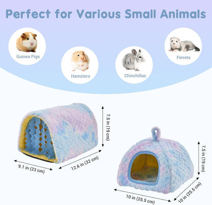 Avont 2 Pack Guinea Pig Hideout Bed and Tunnel Toys Set with Curtain, Washable Soft Plush Bunny Hideaway House Tube Cage Accessories for Small Animal Pet, Rabbits Chinchilla Hamster Ferret Rat -Blue