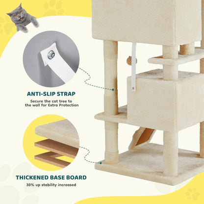 Cat Tree 54 Inch, Multi-Level Cat Tower with Condo, Perches, Sisal Scratching Posts and Climbing Ladder, Pet Play Toy Balls House for Indoor Cats, Beige