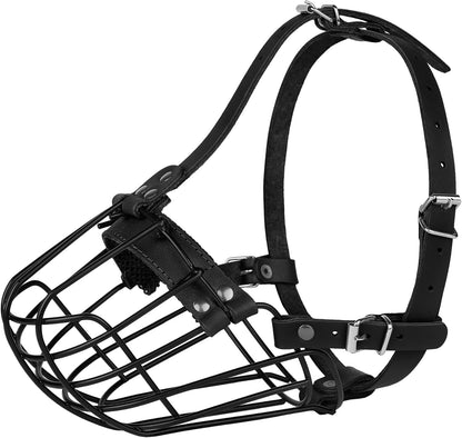 Pitbull Dog Muzzle Breathable Metal Basket for Large Dogs Amstaff Staffordshire Terrier Secure Wire Mask Adjustable Durable Leather Straps Biting Chewing Barking (Black)