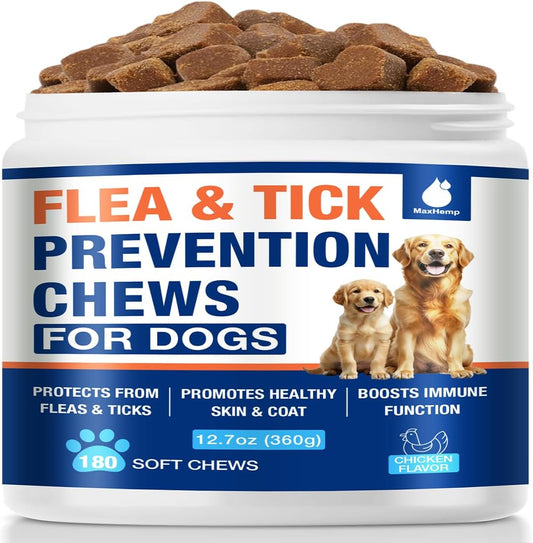 Flea and Tick Prevention for Dogs Chewables, Natural Dog Flea and Tick Treatment, Oral Flea Pills for Dogs Puppy, Skin & Coat Support Supplement - 180 Soft Treat (Chicken Flavor)