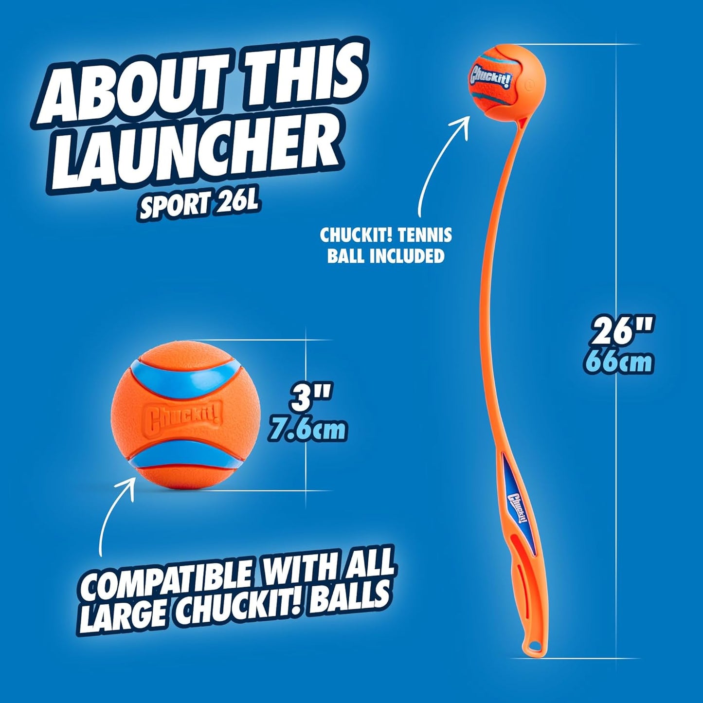 Chuckit! Sport 26L Dog Ball Launcher - Includes a 3-inch Diameter Large Ball for Dogs 60-100 Pounds - Manual Thrower for Dog Balls With a Slim Ergonomic Handle - 26-inch Length