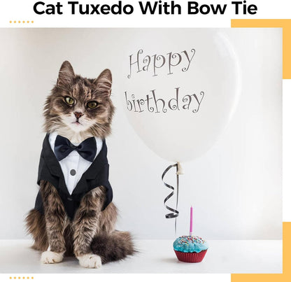 DENTRUN Cat Tuxedo Outfit, Sphynx Cat Costume Formal Suit with Bow Tie, Stylish Cat Shirt Fashion Apparel Fancy Clothes, Kitten Formal Attire Wedding Onesie Costume for Cats Only