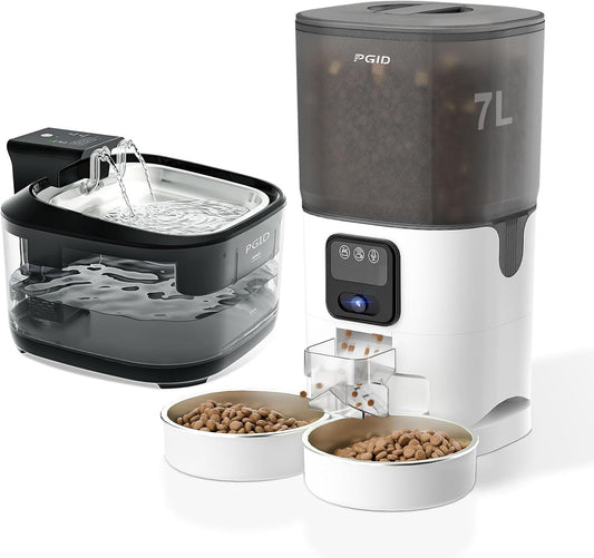 FGID Wireless Cat Water Fountain 5000mah Battery Operated+7L Automatic Cat Feeder with Camera for Two Cats App Control