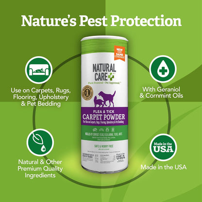 Natural Care Flea and Tick Carpet Powder, Flea & Tick Treatment for Rugs, Carpet, and Pet Bedding, Pet Essential, Pest Prevention, 8.1 oz Canister