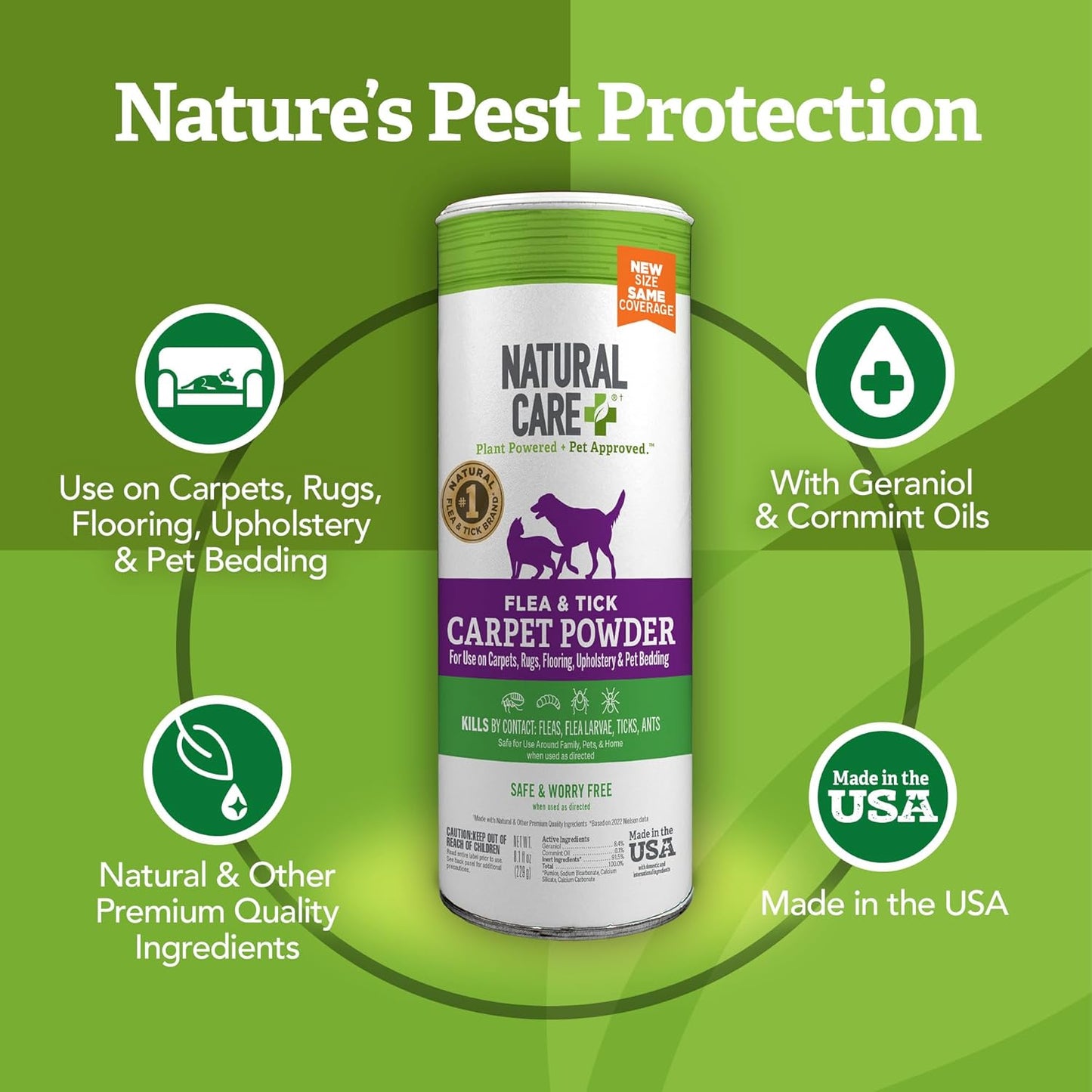 Natural Care Flea and Tick Carpet Powder, Flea & Tick Treatment for Rugs, Carpet, and Pet Bedding, Pet Essential, Pest Prevention, 8.1 oz Canister