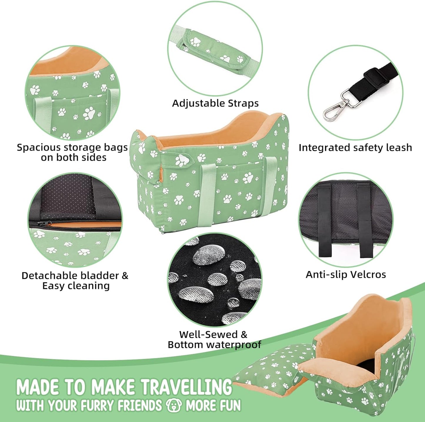 Cullaby Dog Center Console Car Seat for Small Dogs Under 15lbs,Detachable Washable Booster Pet Car Seat Travel Bed with Storage Pockets and Seat Belt(Green)