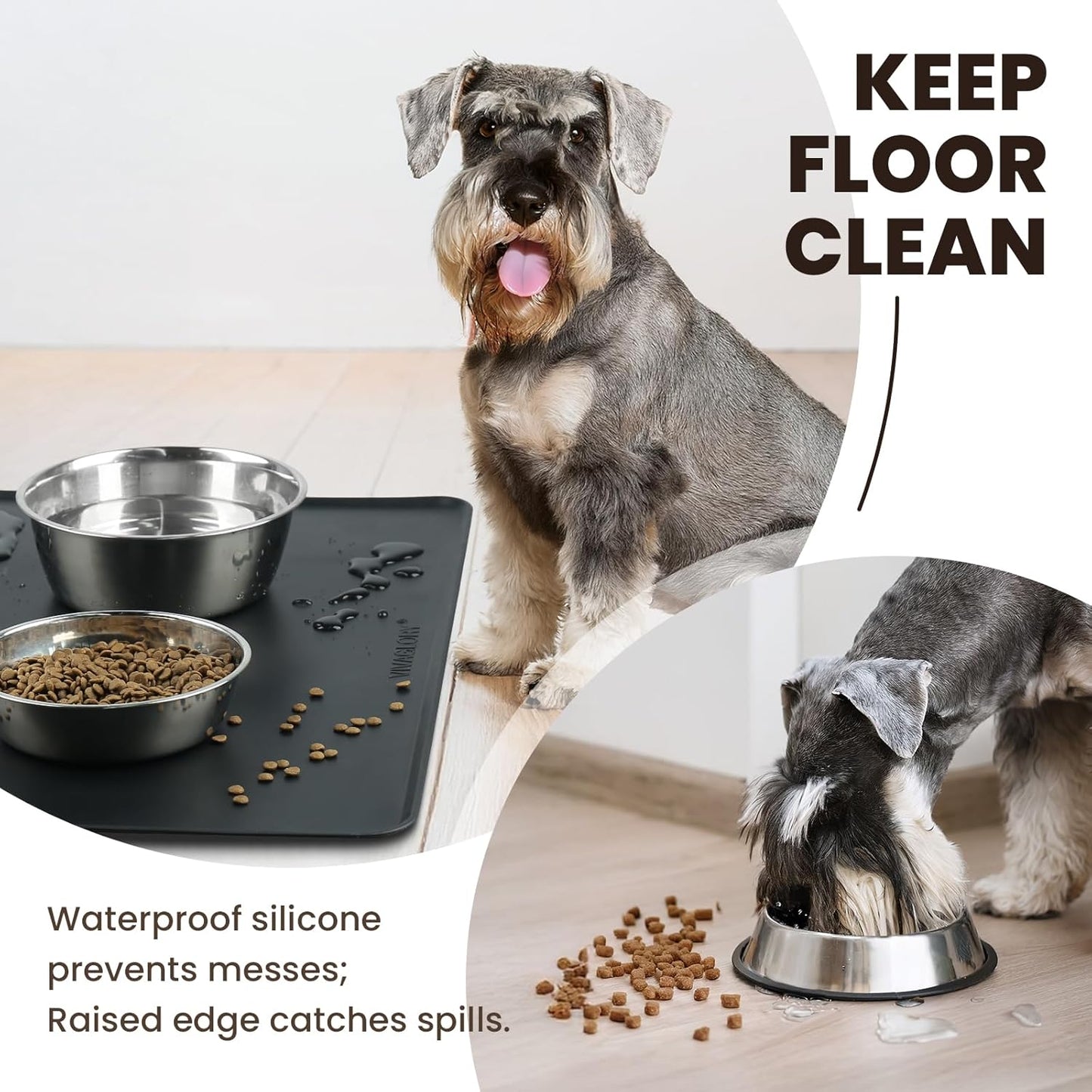 VIVAGLORY Dog Food Mat Flexmat Dog Bowl Mat, Placemat Food Tray with Raised Edges & Lip for Indoor Floor, Non Slip Waterproof Silicone Dish Placemat for Cat & Pet, S, Black