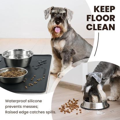 VIVAGLORY Dog Food Mat Flexmat Dog Bowl Mat, Placemat Food Tray with Raised Edges & Lip for Indoor Floor, Non Slip Waterproof Silicone Dish Placemat for Cat & Pet, S, Black