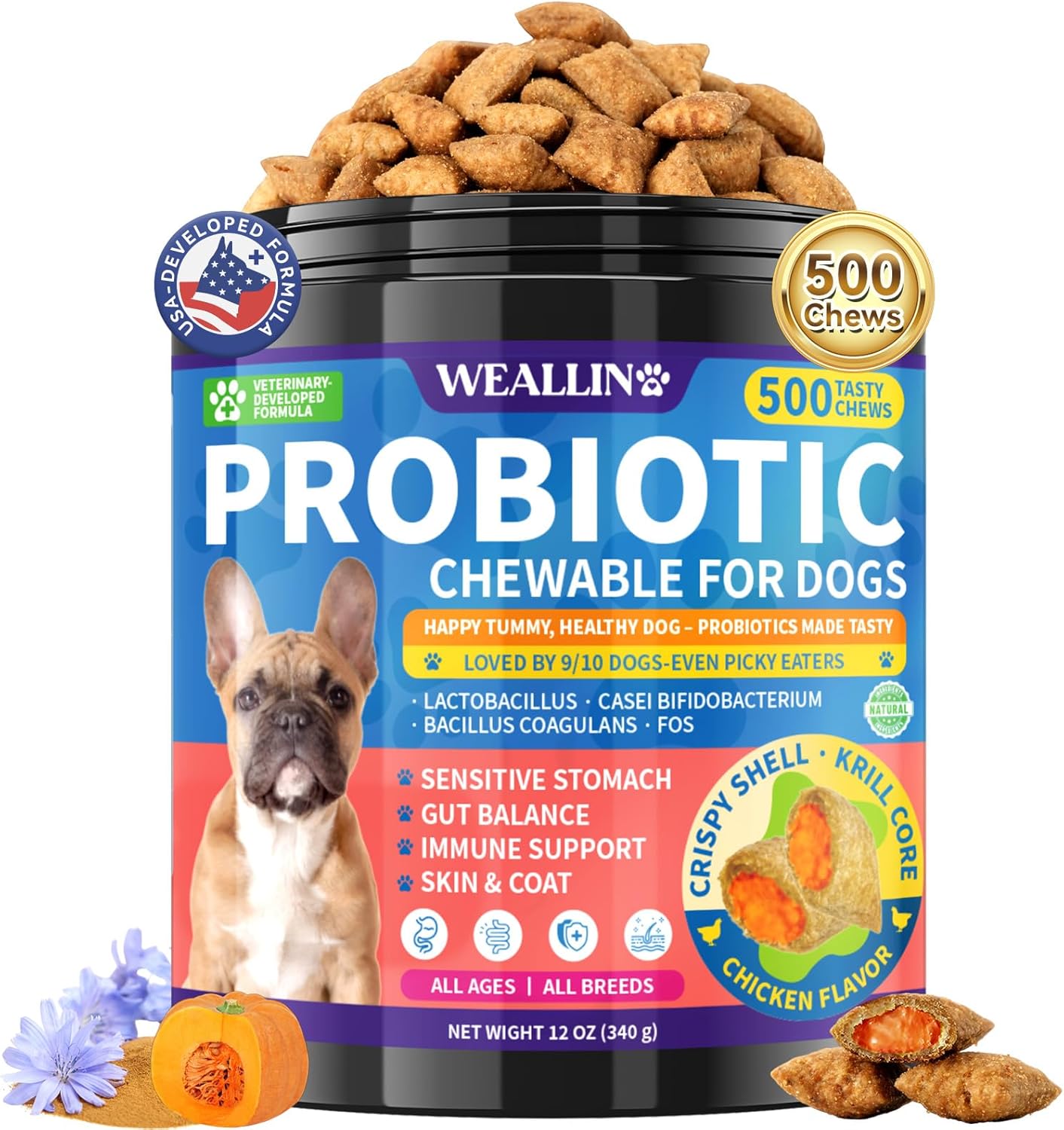 Dog Probiotics Chews 500 Chews, Sensitive Stomach Support Crunchy Shell with Krill Core, Triple Probiotics & Prebiotics, Digestion, Immunity & Skin Care, Chicken Flavor, for All Breeds & Sizes Dogs
