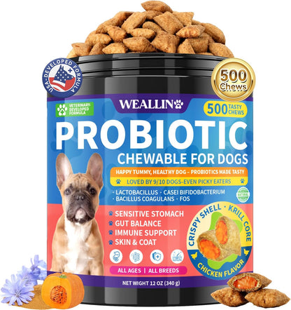 Dog Probiotics Chews 500 Chews, Sensitive Stomach Support Crunchy Shell with Krill Core, Triple Probiotics & Prebiotics, Digestion, Immunity & Skin Care, Chicken Flavor, for All Breeds & Sizes Dogs