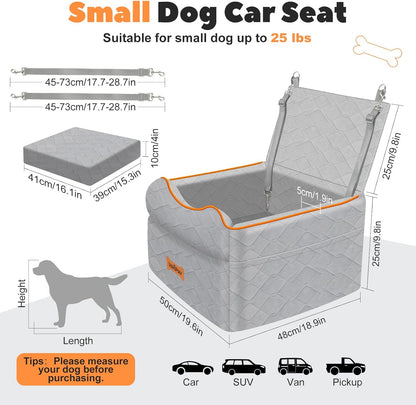 Small Dog Car Seat, Waterproof Dog Booster Seat with Thick Cushion & Safety Leash, Removable Car Back Seat Bed for 1 Small Dogs Under 25lbs, Pet Car Seat for Travel, Gray